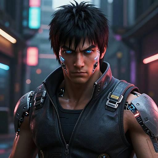 Digital artwork of a muscular, cybernetic man with spiky black hair, glowing blue eyes, and black leather vest, standing in a neon-l