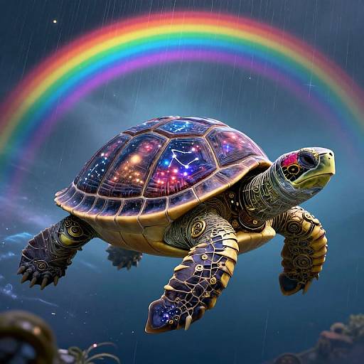 Photograph of a detailed, star-patterned turtle swimming underwater with a vibrant rainbow arc in the background, surrounded by subtle raindrops.