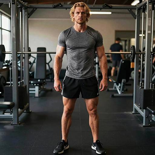 Photograph of a muscular, blond, bearded man in a gray t-shirt and black shorts, standing confidently in a gym with weight machines and blurred