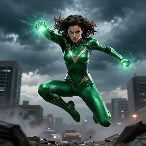 Digital artwork of a fierce, green-clad superhero woman, glowing with green energy, leaping mid-air above a cityscape with dark, stormy