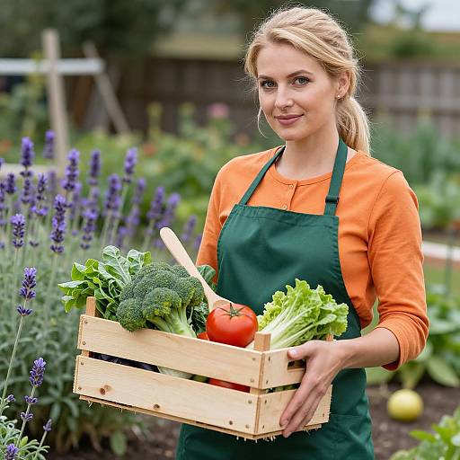Photograph of a blonde woman with fair skin, wearing an orange shirt and green apron, holding a wooden crate with broccoli, carrots, lettuce,