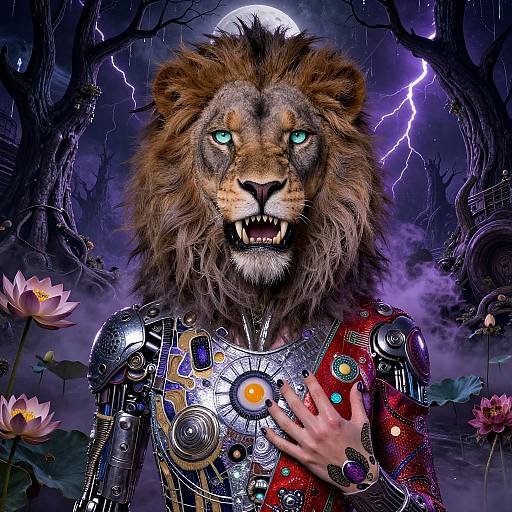 Fantasy digital art of a fierce, blue-eyed lion-man with cybernetic armor, glowing chest emblem, and hand touching it, under a full