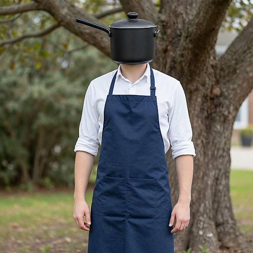 Photograph of a person with a black pot for a head, wearing a white shirt and black apron, standing outdoors near a tree.