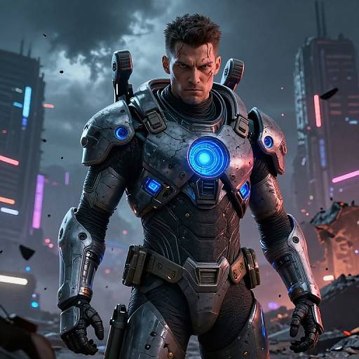 CGI image of a muscular man in futuristic, metallic armor with glowing blue chest and shoulder lights, standing in a ruined, neon-lit cityscape