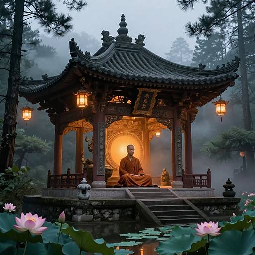 Photograph of a serene Buddhist monk in orange robes, sitting under a glowing traditional Chinese pavilion, surrounded by misty forest, lotus flowers,