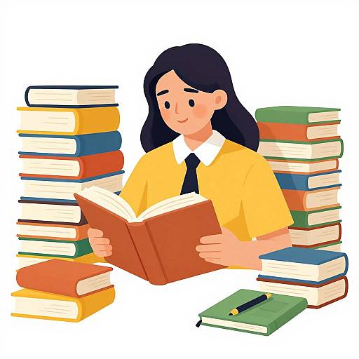 Cartoon illustration of a young girl with long black hair, wearing a yellow shirt and black tie, reading a book surrounded by stacks of colorful books.