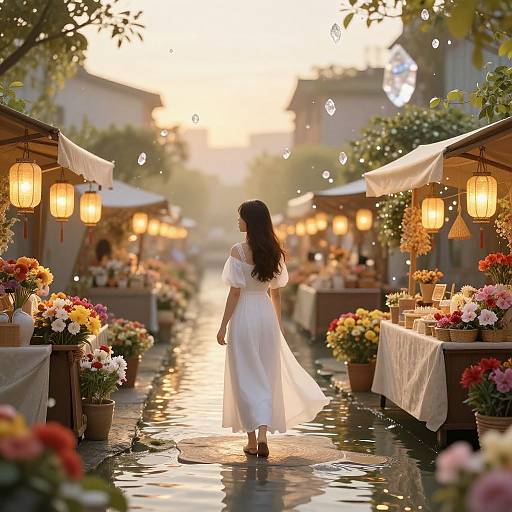 Photograph of a woman in a flowing white dress walking through a sunlit, flower-adorned market street with lanterns and market stalls.