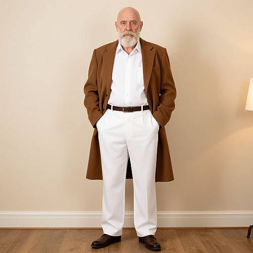 Elderly Man in Brown Coat Indoors