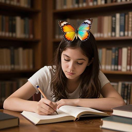 Photograph of a young woman with dark hair, wearing a white shirt, writing in an open book, with colorful butterfly wings on her head, in