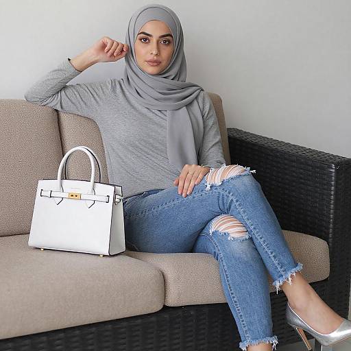 Young Woman in Gray Hijab Sitting