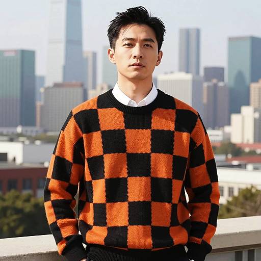 Man in Checkered Sweater with City Skyline