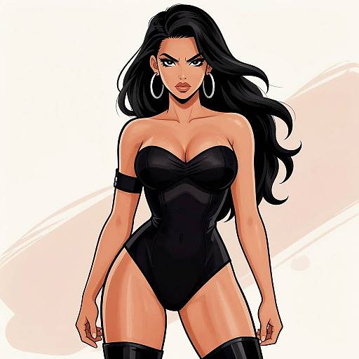 Digital comic-style drawing of a fierce, black-haired woman with large hoop earrings, wearing a black strapless bodysuit and thigh-high boots, standing