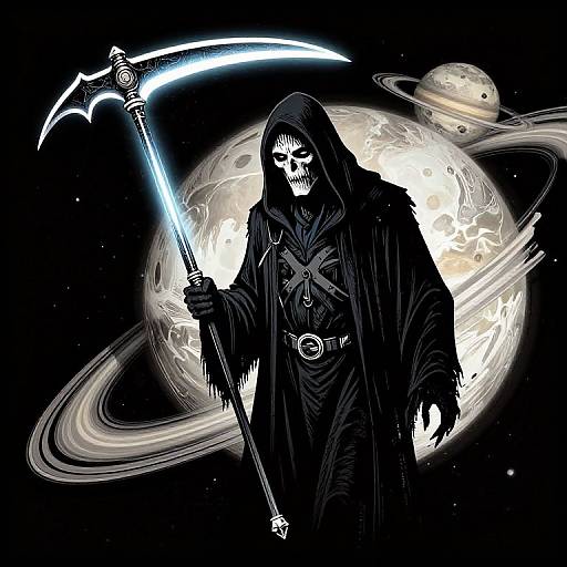 Digital artwork of a hooded, skeletal Grim Reaper with glowing blue scythe, standing against a cosmic background with a planet and rings.
