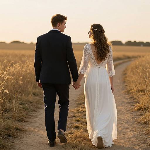 Photograph of a bride in a white lace dress and groom in a dark suit holding hands, walking down a sunlit field path at sunset.