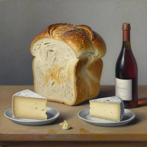 Photorealistic painting of sliced white bread, two wedges of cheese on plates, and a bottle of red wine on a wooden table.