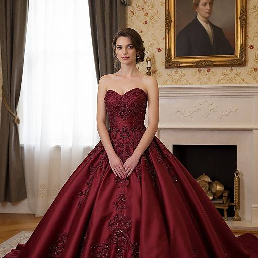 Photograph of a fair-skinned woman with dark hair in an elegant, strapless, deep red ball gown, standing in a Victorian-style living room