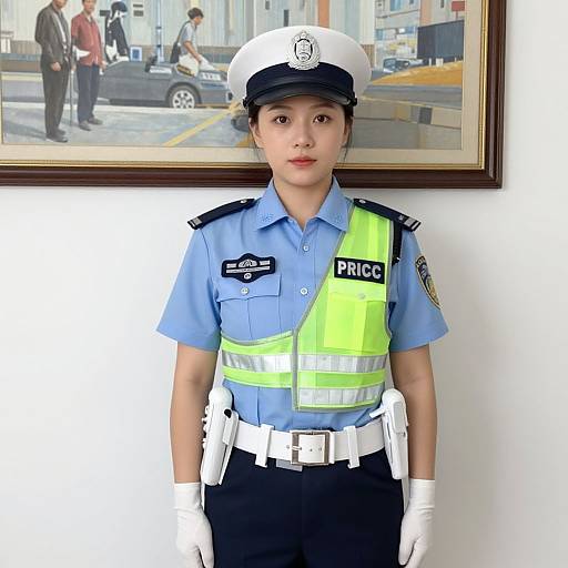 Photograph of a young Asian male police officer in blue uniform, white hat, yellow-high-visibility vest, white gloves, standing in front of a