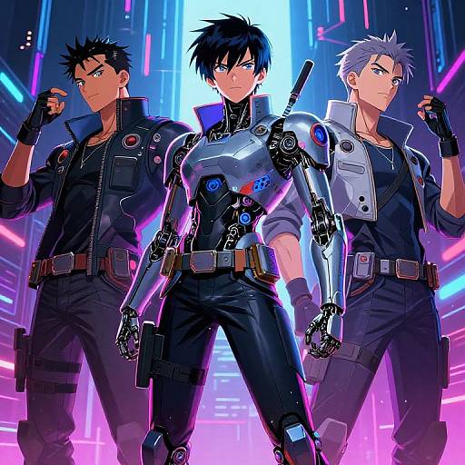 Digital anime artwork of three muscular men in futuristic black outfits; central figure with robotic armor, flanked by two human counterparts. Neon-lit futuristic background