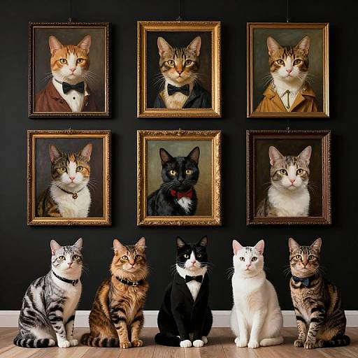 Photograph of six cats, each wearing a bow tie, framed in ornate gold frames, hung on a black wall; six live cats sit below