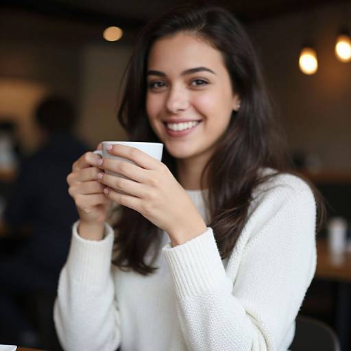Photograph of a smiling young woman with long dark hair, wearing a white sweater, holding a white cup, in a dimly lit, cozy café
