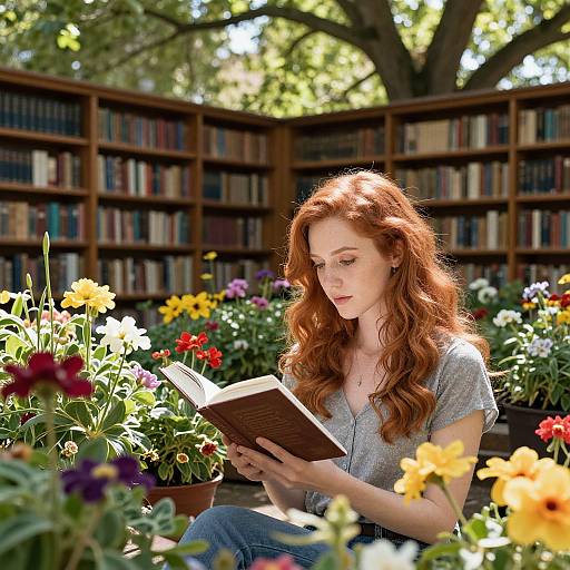 Photograph of a red-haired woman with wavy hair, wearing a gray shirt, reading a book in a sunlit garden surrounded by colorful flowers and