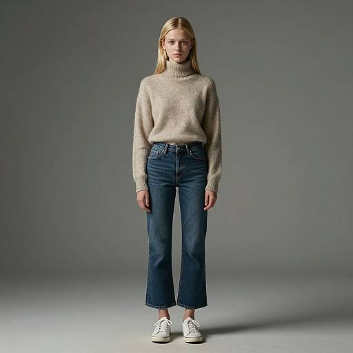 Photograph of a blonde woman in a beige turtleneck sweater, blue high-waist jeans, and white sneakers, standing against a gray background