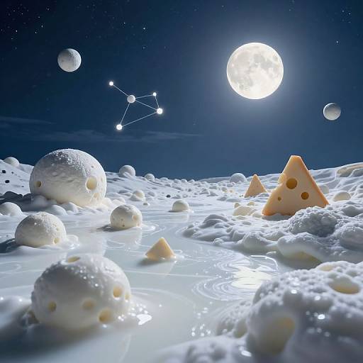 Digital artwork of a moonlit, starry night sky with floating cheese cubes and holes, surrounded by a white, frothy liquid landscape.