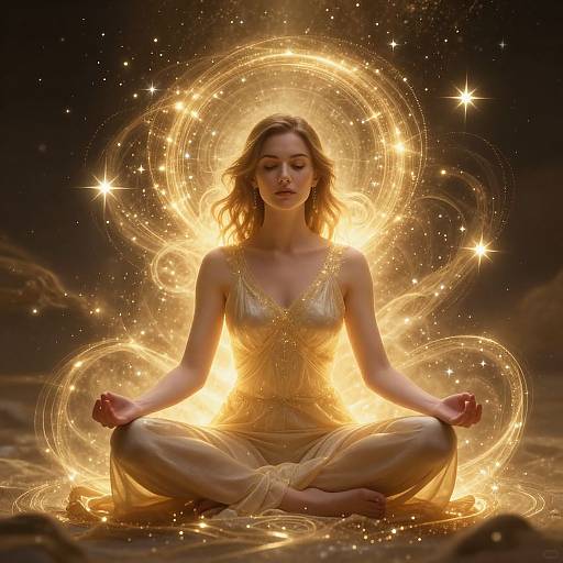 Photographic fantasy of a serene, blonde woman in a glowing, golden dress, meditating cross-legged, surrounded by radiant light and star-like sparkles
