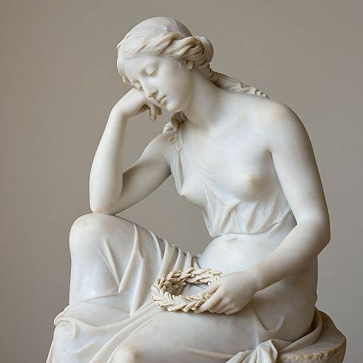 Photograph of a classical white marble statue of a contemplative nude woman with braided hair, sitting with one hand on her cheek and holding a wre