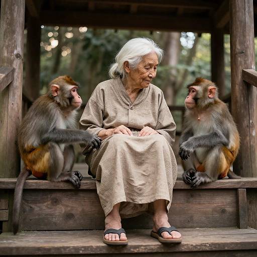 Elderly Woman with Monkeys on Wooden Steps