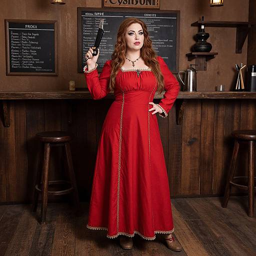 Photograph of a fair-skinned woman with long brown hair in a red, long-sleeved, Victorian-style dress, holding a handgun, standing