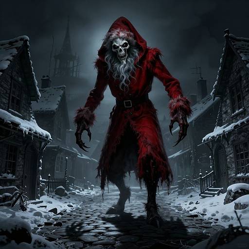 Digital artwork: Grim, skeletal figure in tattered red hooded cloak with long beard and sharp claws, standing menacingly in snowy, dark, Gothic