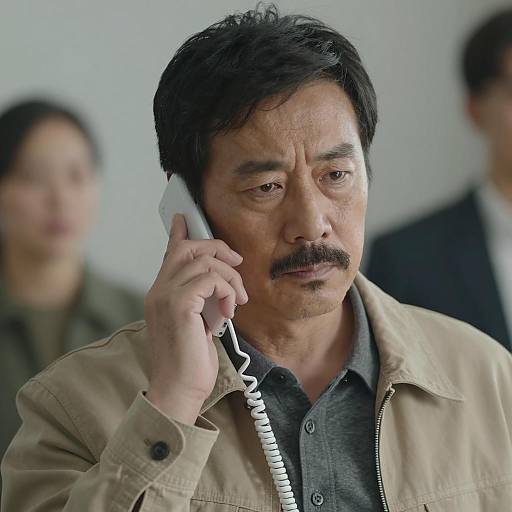 Serious Man on Phone in Beige Jacket