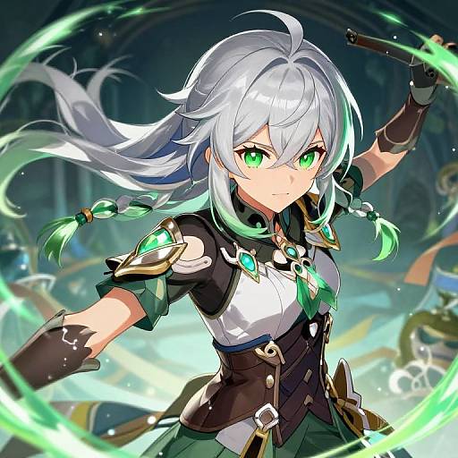 Digital anime-style drawing of a silver-haired, green-eyed girl in black and white armor with green accents, wielding a glowing green ring. Dynamic background with