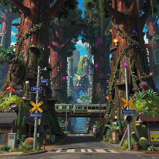 Vibrant, digital fantasy scene of a tree-lined street with giant trees, colorful lights, street signs, crossing, and lush greenery.