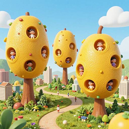 Digital illustration of a vibrant, whimsical park with three yellow, textured, tree-like structures housing smiling children, set against a sunny, blue sky with