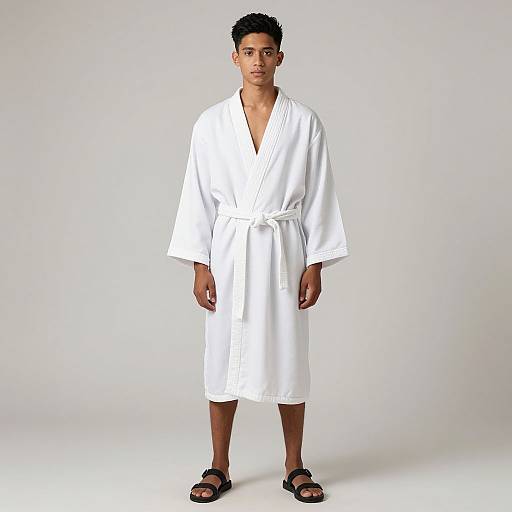 Photograph of a young man with short black curly hair, wearing a white bathrobe, white pants, and black sandals, standing against a plain white