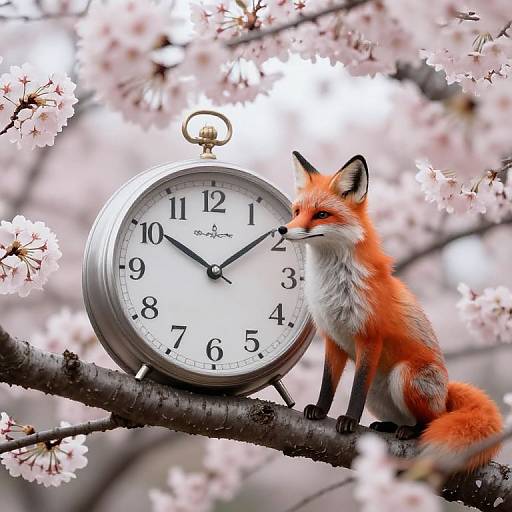 Photograph of a vibrant red fox sitting on a tree branch next to a silver analog clock with black numbers, surrounded by blooming pink cherry blossoms