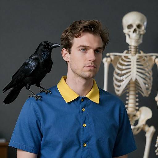 Man with Crow on Shoulder and Skeleton Model