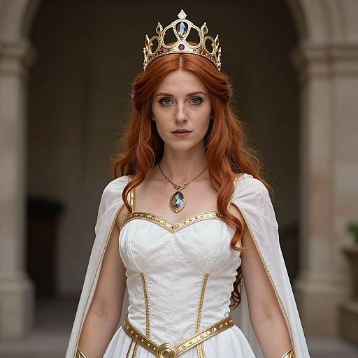 Photograph of a red-haired woman with long wavy hair, wearing a gold crown, white gown with gold trim, and a blue gem necklace,
