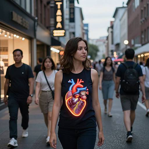 Photograph of a young woman with shoulder-length brown hair, wearing a black tank top with a glowing heart graphic, walking in a bustling urban street at