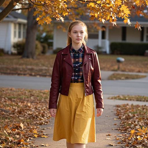 Photograph of a young woman with light brown hair in a ponytail, wearing a brown leather jacket, plaid shirt, and yellow skirt, walking