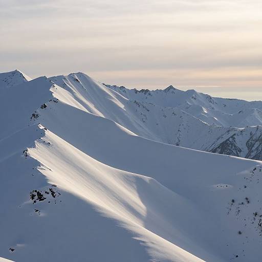 Photograph of a snow-covered mountain range at sunrise, with bright sunlight casting long, white shadows across the smooth, blue-tinged peaks.