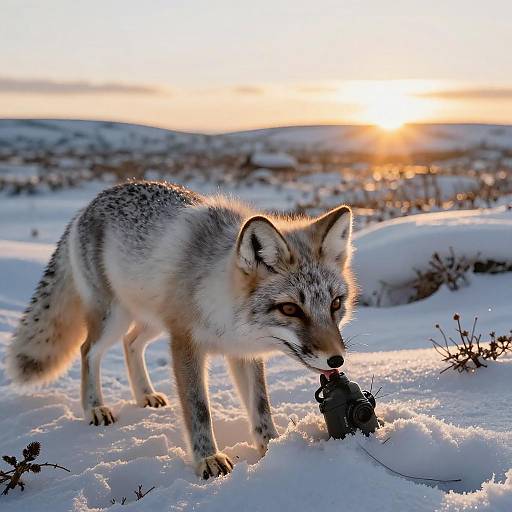 Arctic Fox with Camera in Snow at Sunset