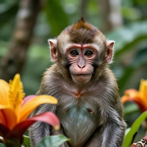 Photograph of a curious, brown-furred baby monkey with a pink face and white chest, surrounded by vibrant orange and red flowers in a lush,