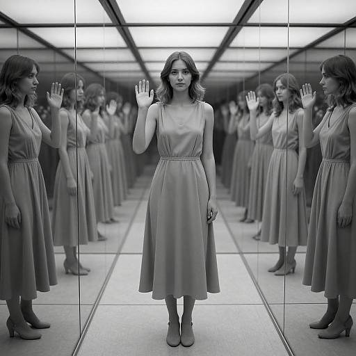 Black-and-white photograph of a woman in a knee-length dress, standing in a mirrored hallway, waving with multiple mirrored reflections.