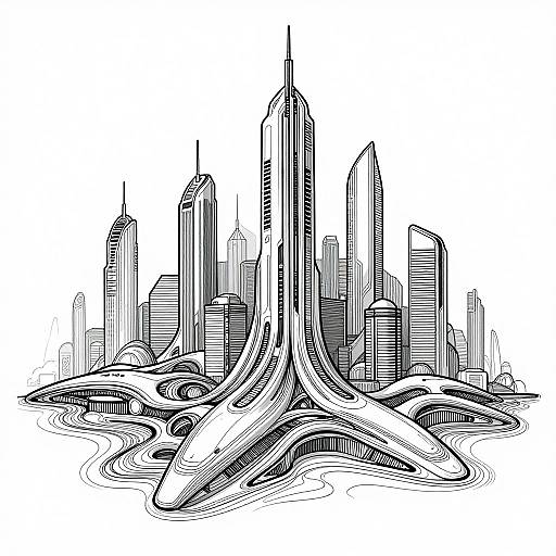 Intricate Futuristic Cityscape Line Art