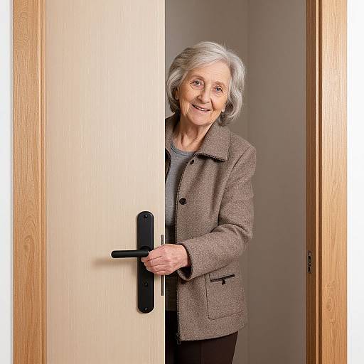 Elderly Woman Opening Door Warmly