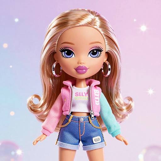 Photograph of a blonde doll with large blue eyes, wearing a pink and blue jacket, white crop top, and denim shorts. Background is a gradient