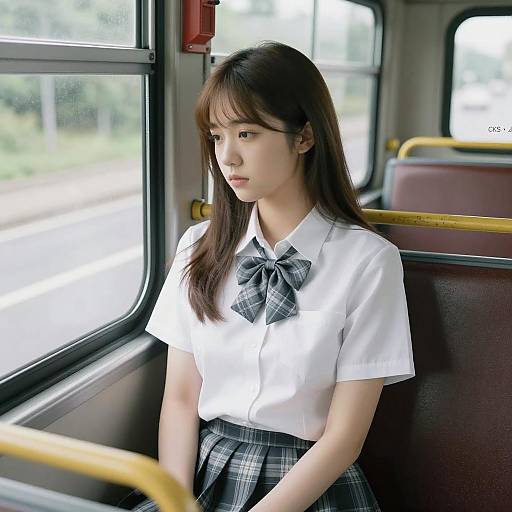 Contemplative Asian Woman on Bus